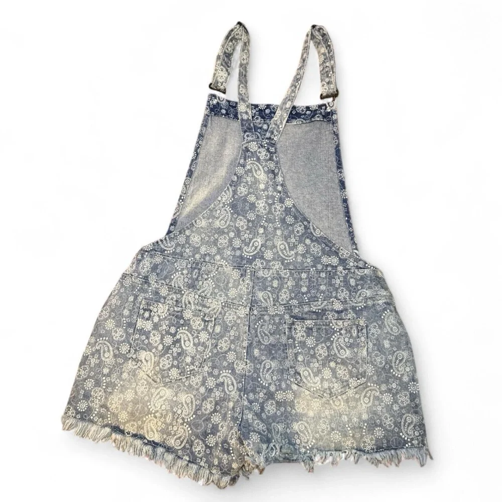 NWT MINKPINK x M|PD Women’s Distressed Paisley Denim Rodeo Mini Overalls — LARGE - Picture 3 of 7